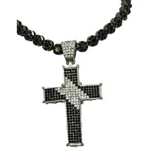 FL & B Hip Hop Cross Pendant Necklace 38" Chain Black & Clear Rhinestones, Bling